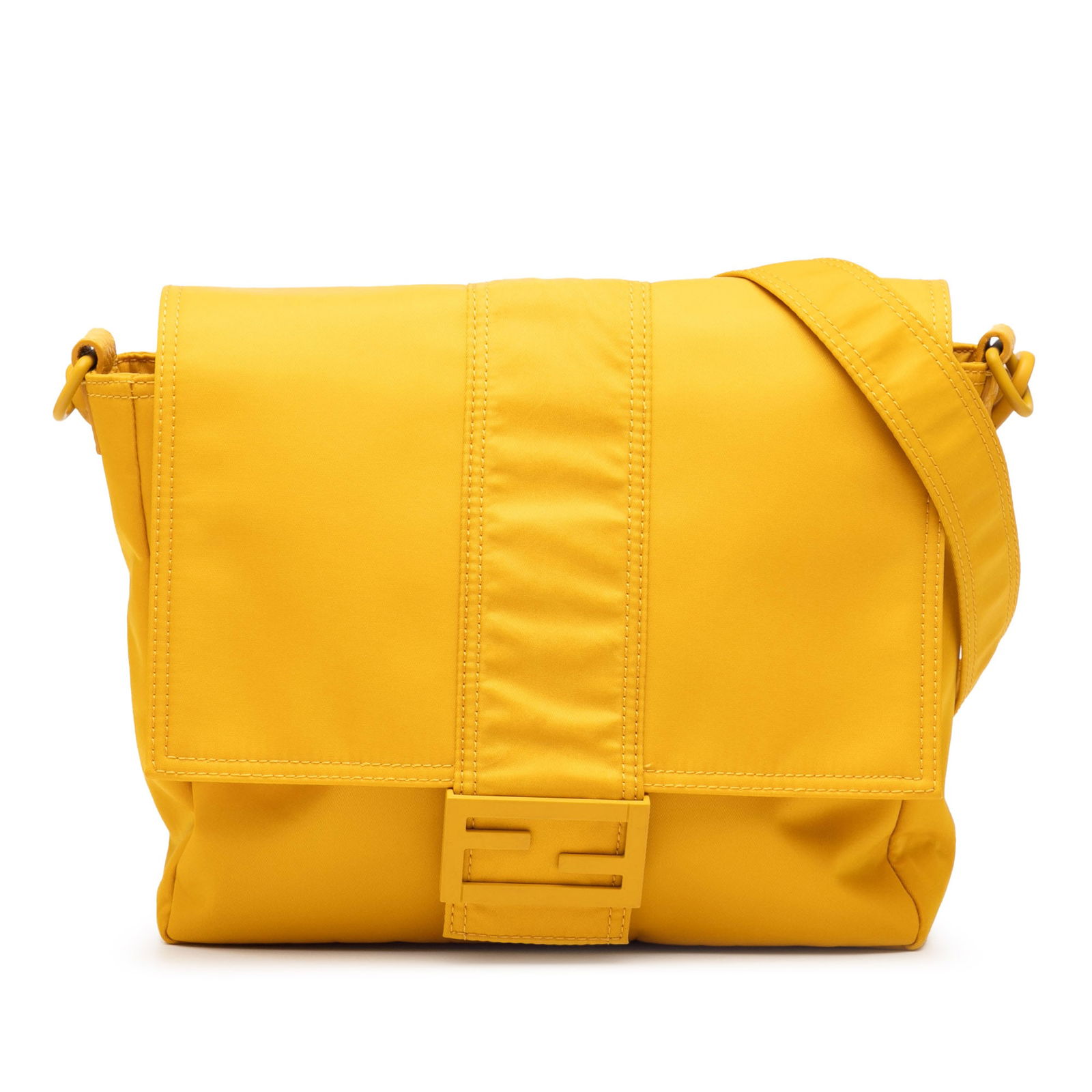 Fendi Baguette Yellow Nylon Medium Crossbody Bag with Adjustable Strap: Fendi Baguette Yellow Nylon Medium Crossbody Bag with Adjustable Strap This Fendi Medium Econyl Nylon Baguette Crossbody bag is crafted from yellow nylon fabric and features an adjustable and detachab