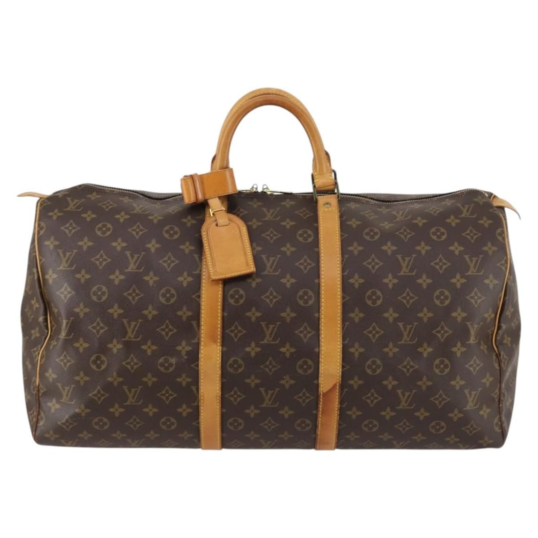 Louis Vuitton Keepall Travel Bag Brown Monogram Canvas Unisex 55cm: Louis Vuitton Keepall Travel Bag Brown Monogram Canvas Unisex 55cm This Louis Vuitton Keepall Bag features the classic Monogram Canvas design in brown. Designed for unisex use, it is crafted in France