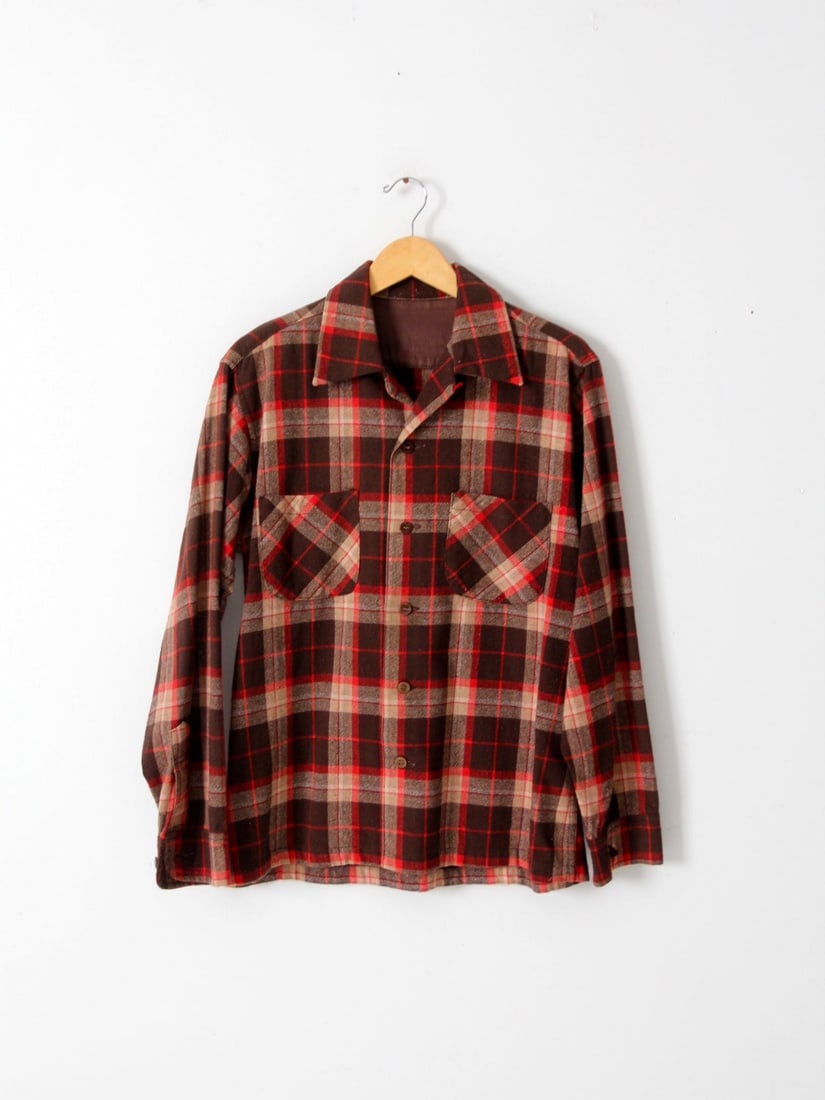 1960s Vintage Plaid Wool Button-Down Shirt Brown Cream Red: 1960s Vintage Plaid Wool Button-Down Shirt Brown Cream Red Step back in time with this authentic 1960s vintage plaid wool shirt. Featuring a charming blend of brown, cream, and red plaid, this button-