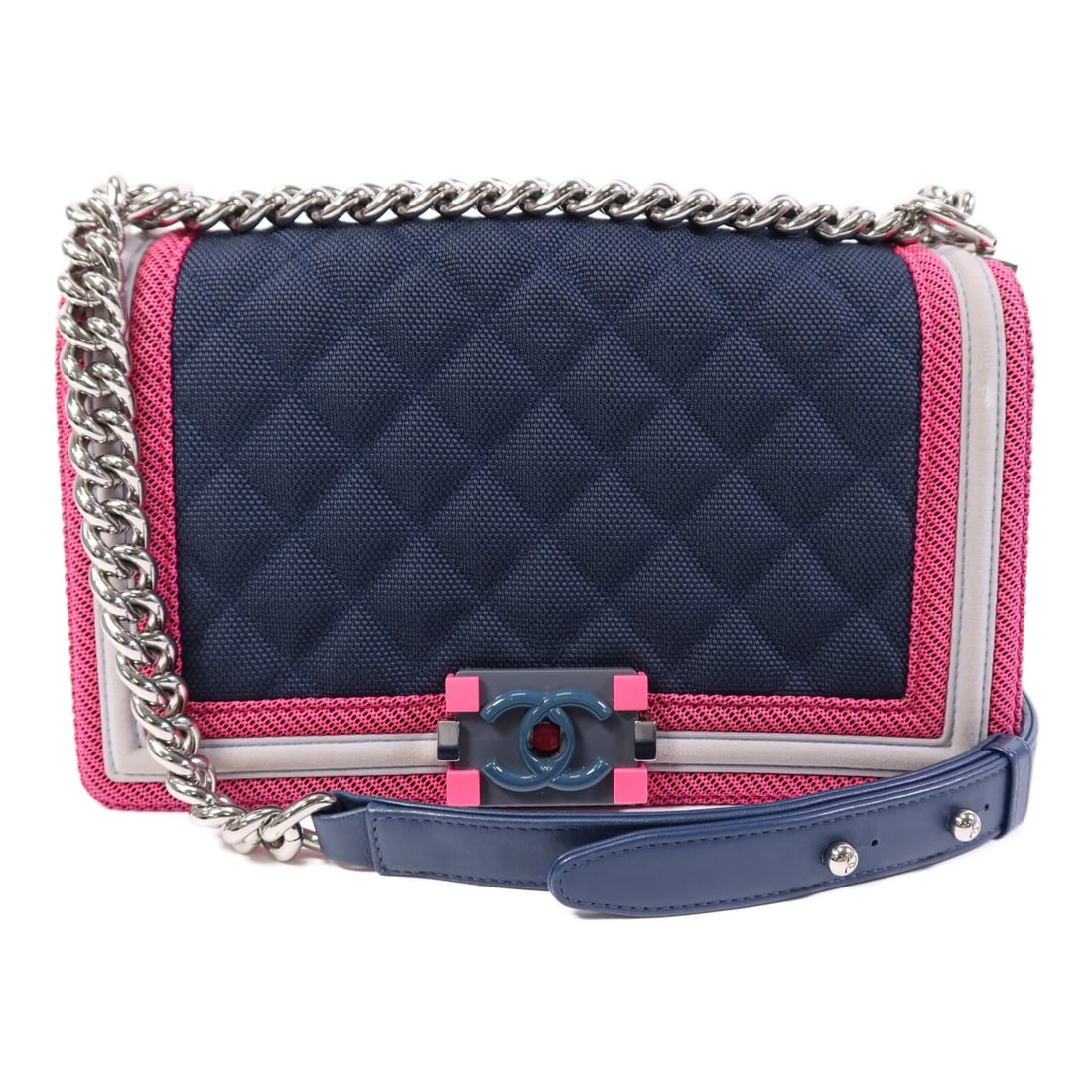 Chanel Boy 25 Navy Canvas Shoulder Bag with Silver Tone Chain: Chanel Boy 25 Navy Canvas Shoulder Bag with Silver Tone Chain This CHANEL Boy 25 chain shoulder bag features navy canvas construction and silver-tone hardware accents. Designed with a regular size, it