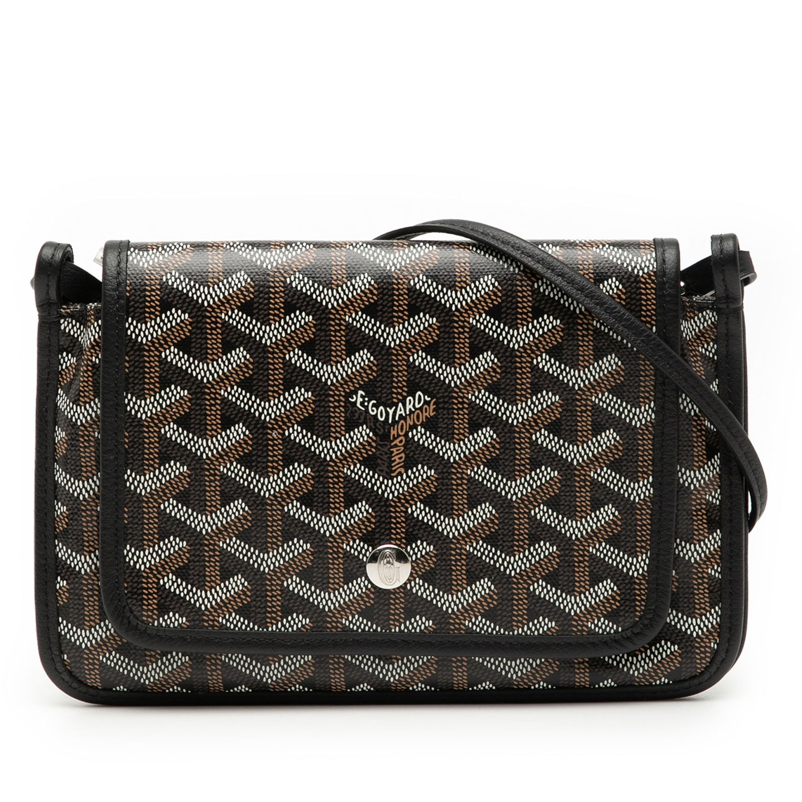 Goyard Plumet Wallet in Goyardine Coated Canvas with Snap Closure: Goyard Plumet Wallet in Goyardine Coated Canvas with Snap Closure This Goyardine Plumet Pocket Wallet features a coated canvas body with a signature pattern, a rolled leather strap, a front flap with