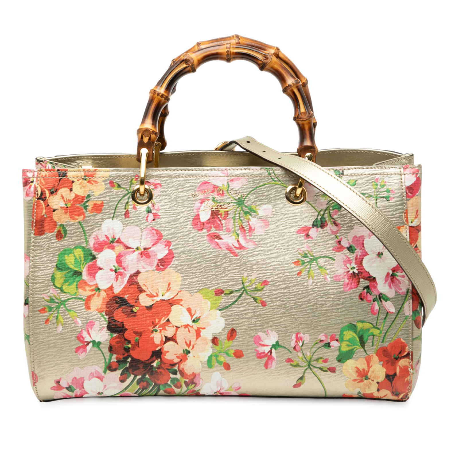 Gucci Medium Calfskin Blooms Bamboo Shopper Satchel Gray Leather: Gucci Medium Calfskin Blooms Bamboo Shopper Satchel Gray Leather Elevate your style with the Gucci Medium Calfskin Blooms Bamboo Shopper Satchel. This exquisite bag features a printed leather body ado