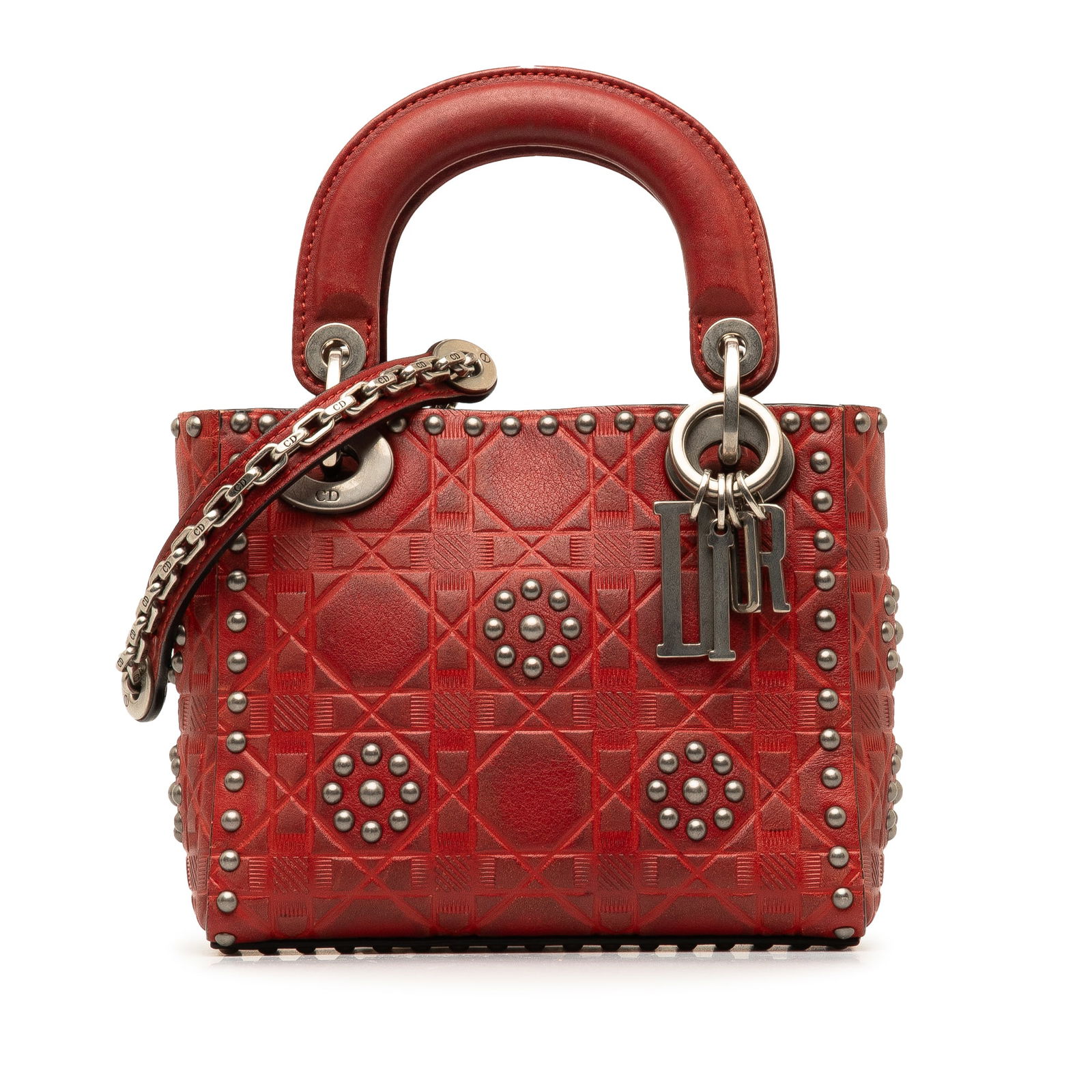 Dior Mini Cannage Studded Flower Satchel in Red Leather: Dior Mini Cannage Studded Flower Satchel in Red Leather This stunning Mini Embossed Calfskin Cannage Studded Flower Lady Dior satchel showcases a luxurious embossed and studded leather exterior in a s