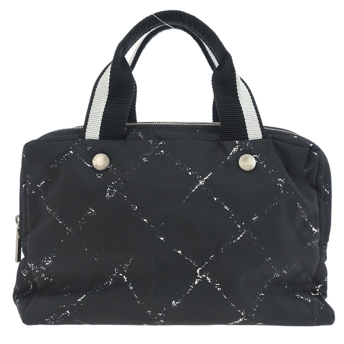 Chanel Travel Line Medium Black Jacquard Nylon Duffle Bag: Chanel Travel Line Medium Black Jacquard Nylon Duffle Bag This Chanel Travel Line handbag features a black jacquard nylon exterior and a nylon lining. Designed in a medium size with a duffle style, it