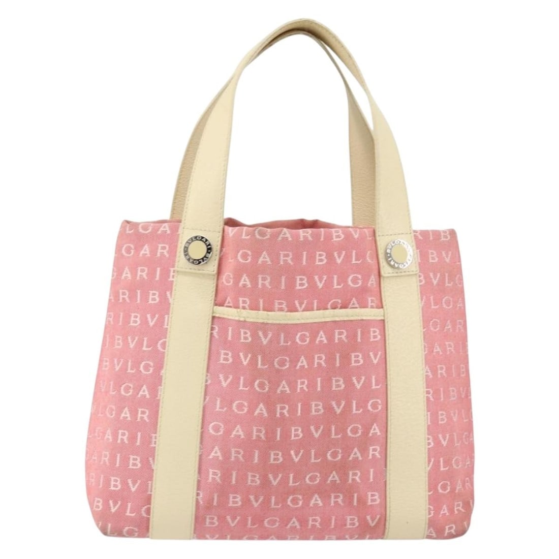 Bvlgari Pink Canvas Logomania Shoulder Bag 26x22x10cm: Bvlgari Pink Canvas Logomania Shoulder Bag 26x22x10cm This Bvlgari Logomania handbag features a pink canvas exterior with metal fittings. Designed for women, it offers a compact size suitable for ever