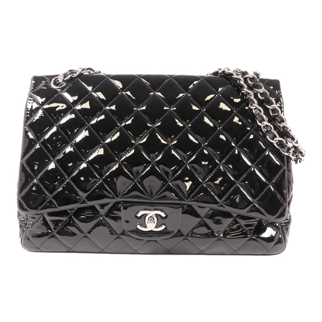CHANEL Maxi Classic Shoulder Bag Black Patent Leather SHW: CHANEL Maxi Classic Shoulder Bag Black Patent Leather SHW This Chanel Maxi Classic Chain Shoulder Bag is a stunning accessory crafted from luxurious patent leather in a sleek black finish. Designed fo