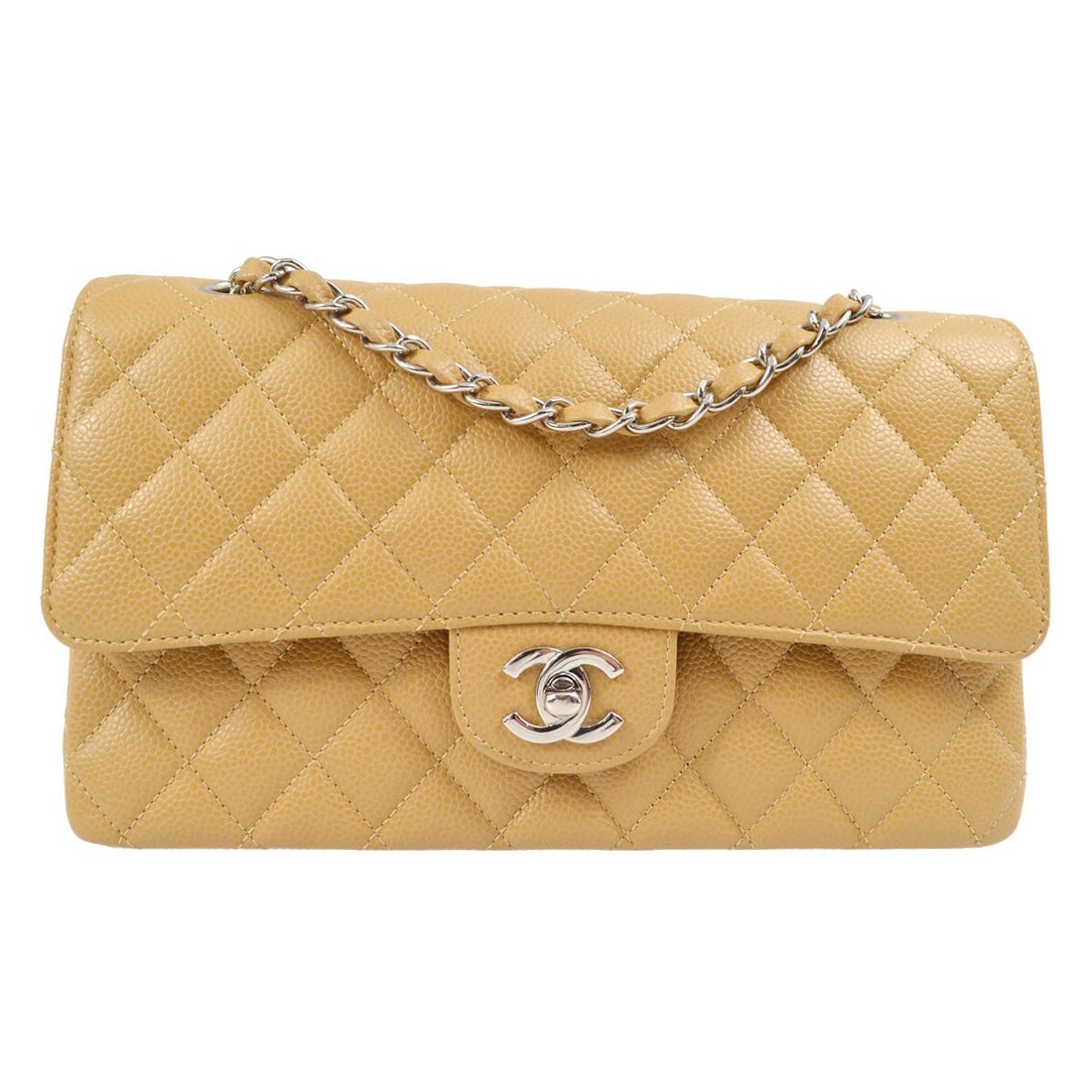 Chanel Beige Caviar Skin Medium Classic Double Flap Shoulder Bag: Chanel Beige Caviar Skin Medium Classic Double Flap Shoulder Bag Elevate your accessory collection with this exquisite Chanel Medium Classic Double Flap Shoulder Bag, crafted from luxurious caviar ski