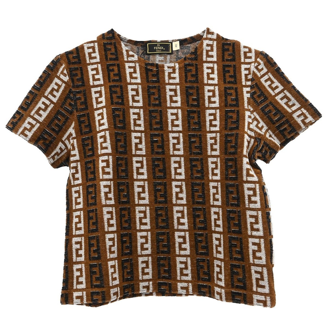 Fendi Brown Short Sleeve Logo Top Size #42: Fendi Brown Short Sleeve Logo Top Size #42 Elevate your casual wardrobe with this Fendi short sleeve top in a rich brown hue. Featuring a classic round neckline and a regular fit, this basic top is cr