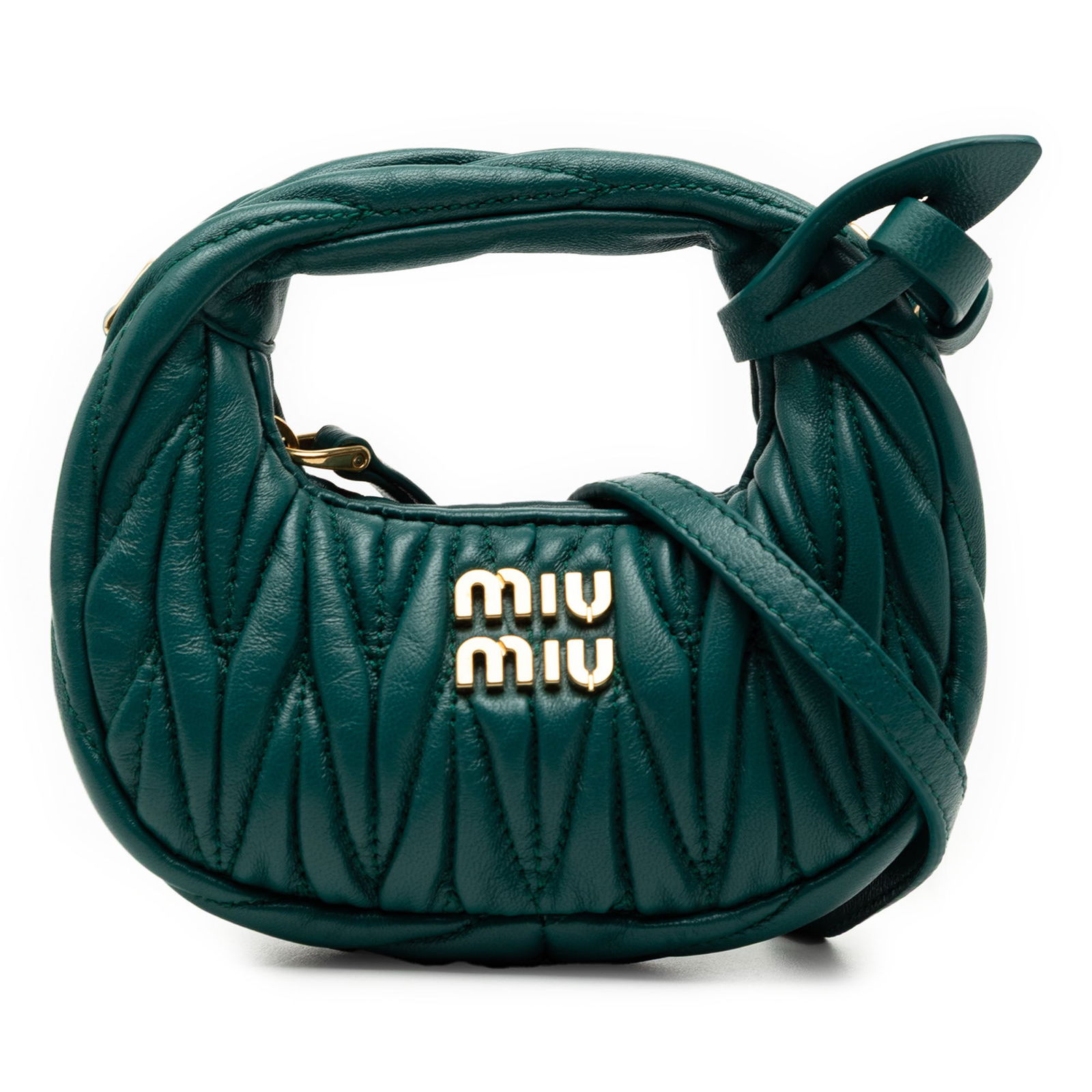Green Nappa Leather Micro Wander Matelasse Bag by Miu Miu: Green Nappa Leather Micro Wander Matelasse Bag by Miu Miu This Miu Miu Micro Nappa Matelasse Wander Bag features a quilted nappa leather exterior in green, a quilted leather top handle, and a detachab