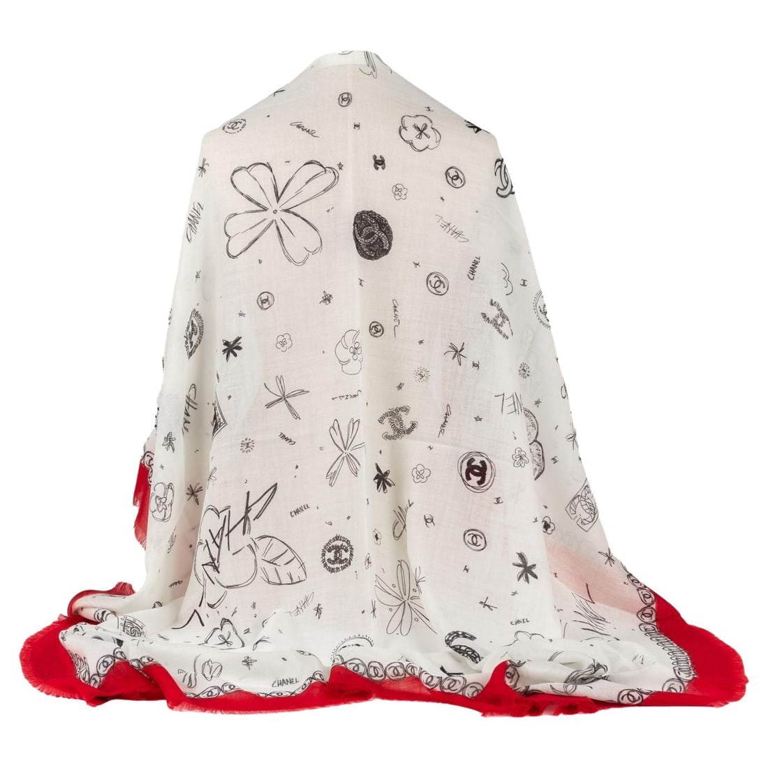 Chanel White Red Cashmere Shawl 52x52 Italy Luxury: Chanel White Red Cashmere Shawl 52x52 Italy Luxury This exquisite Chanel cashmere shawl features a striking white base adorned with vibrant red trim, making it a perfect accessory for any occasion. Sh