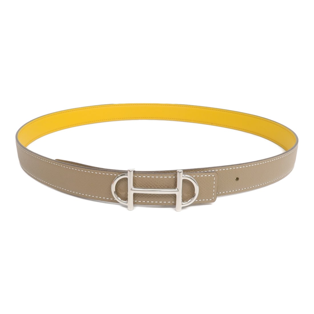Hermes Gamma Etoupe Jaune Ambre Calfskin Belt Palladium Buckle Size 90: Hermes Gamma Etoupe Jaune Ambre Calfskin Belt Palladium Buckle Size 90 This Hermes Gamma belt is crafted from Veau Epsom and Swift calfskin leather in a sophisticated gray color. Designed for men, it