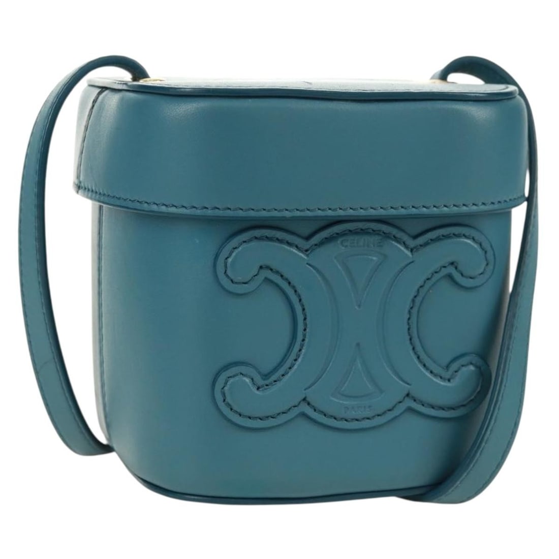 Celine Triomphe Leather Shoulder Bag Blue Gold with Dust Bag: Celine Triomphe Leather Shoulder Bag Blue Gold with Dust Bag This CELINE Triomphe shoulder bag features a compact, cube-shaped design crafted from blue leather with gold-tone hardware. Made in Italy,