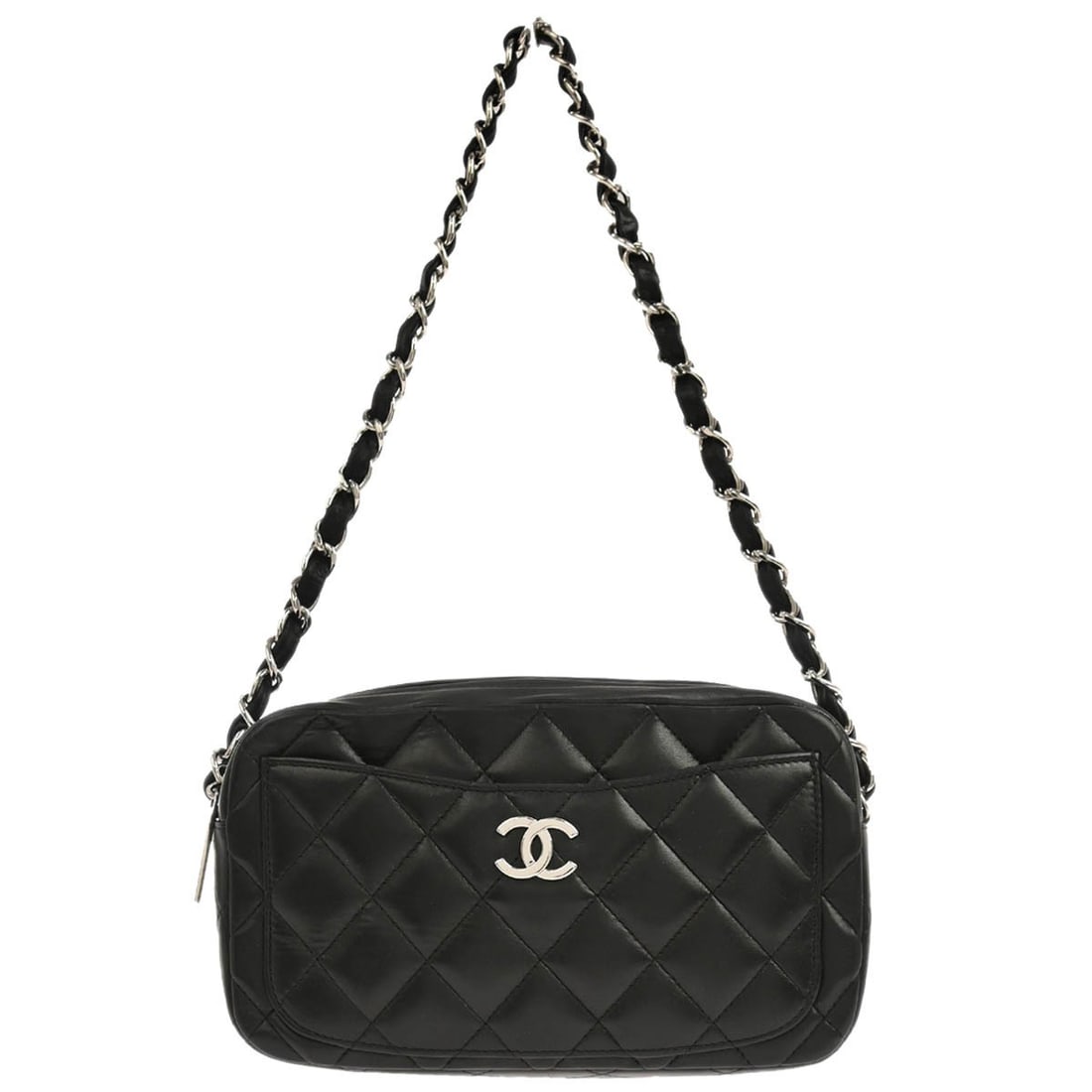 Small Black Lambskin Leather Top Handle Handbag by Chanel: Small Black Lambskin Leather Top Handle Handbag by Chanel This Chanel handbag is crafted from black lambskin leather and features a compact, small size with a top handle design. The bag is equipped wi