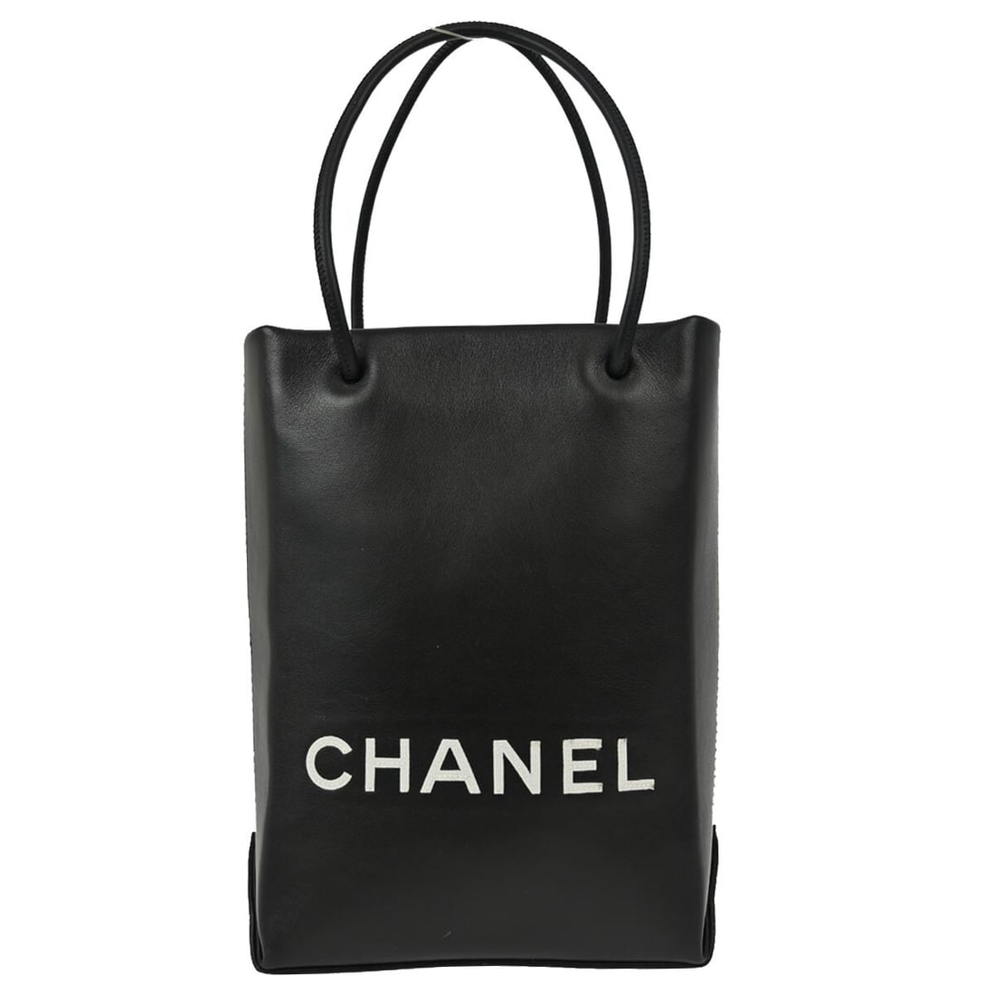 Small Black Calfskin Tote CHANEL Essential Collection with Double White Handles: Small Black Calfskin Tote CHANEL Essential Collection with Double White Handles This Chanel Essential Tote Bag features black calfskin exterior and double white handles, creating a stylish and versati