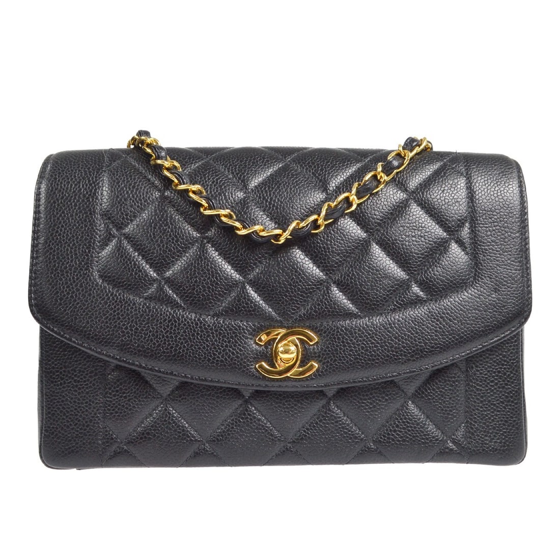 Chanel Medium Diana Black Caviar Chain Shoulder Bag: Chanel Medium Diana Black Caviar Chain Shoulder Bag The Chanel Black Calfskin Medium Diana Chain Shoulder Bag is a stylish accessory perfect for casual occasions. This medium-sized shoulder bag featur