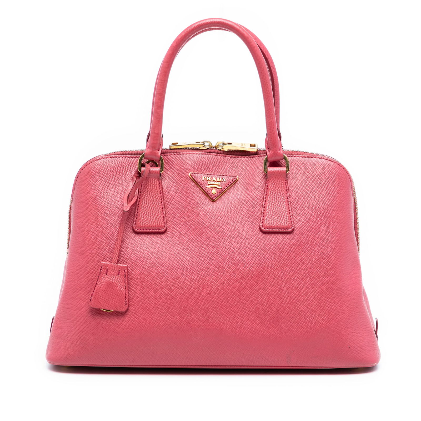 Pink Prada Saffiano Lux Promenade Medium Leather Satchel Handbag: Pink Prada Saffiano Lux Promenade Medium Leather Satchel Handbag This Prada Medium Saffiano Lux Promenade Satchel is crafted from pink leather and features rolled leather handles, a top zip closure, a