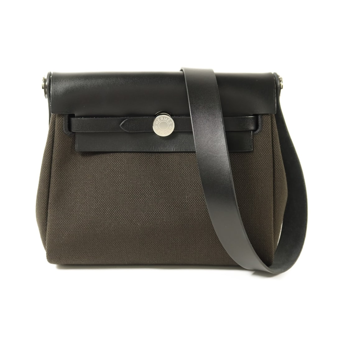 Hermes Mini Herbag Vert de Gris Canvas Shoulder Bag with Palladium Hardware: Hermes Mini Herbag Vert de Gris Canvas Shoulder Bag with Palladium Hardware This Hermes Mini Herbag shoulder bag features a stylish combination of Vert de Gris and Noir canvas with a sleek black frame