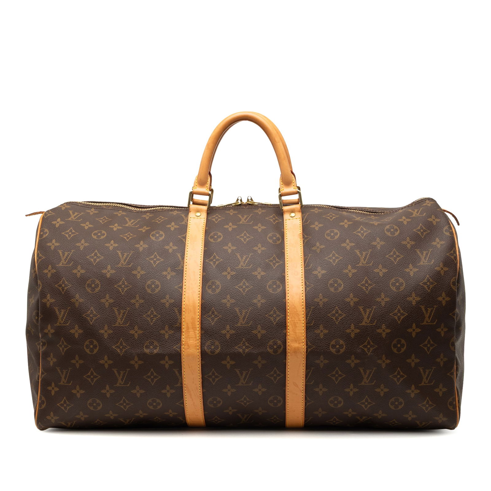 Louis Vuitton Keepall 55 Travel Bag Monogram Canvas With Leather Trim: Louis Vuitton Keepall 55 Travel Bag Monogram Canvas With Leather Trim This Louis Vuitton Monogram Keepall 55 features the iconic monogram canvas body complemented by vachetta leather trim and rolled v