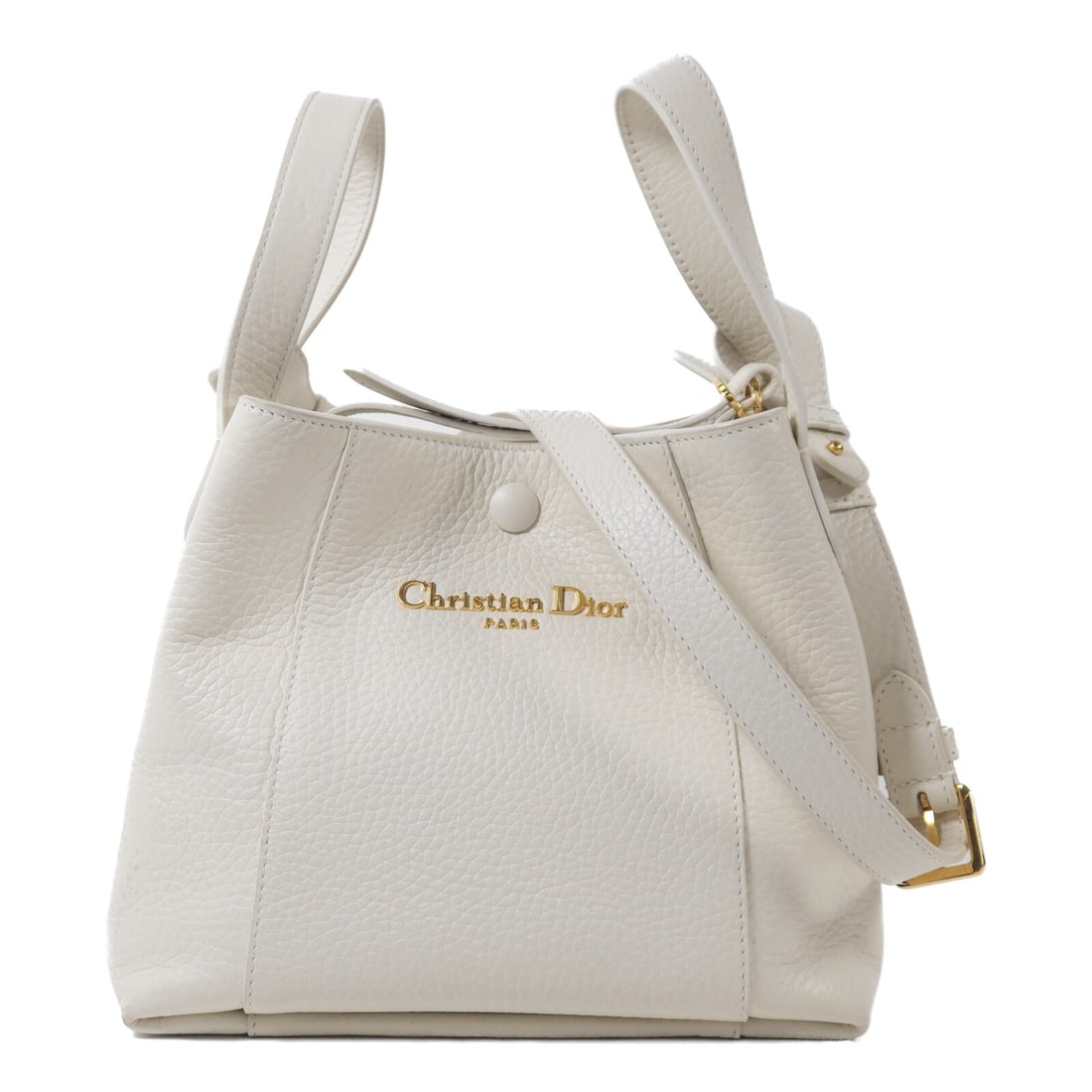 Dior Small Calfskin White Bucket Shoulder Bag with Signature CD GHW: Dior Small Calfskin White Bucket Shoulder Bag with Signature CD GHW This Christian Dior small bucket bag is crafted from white calfskin and features a classic 2-way shoulder bag design. The bag is sty