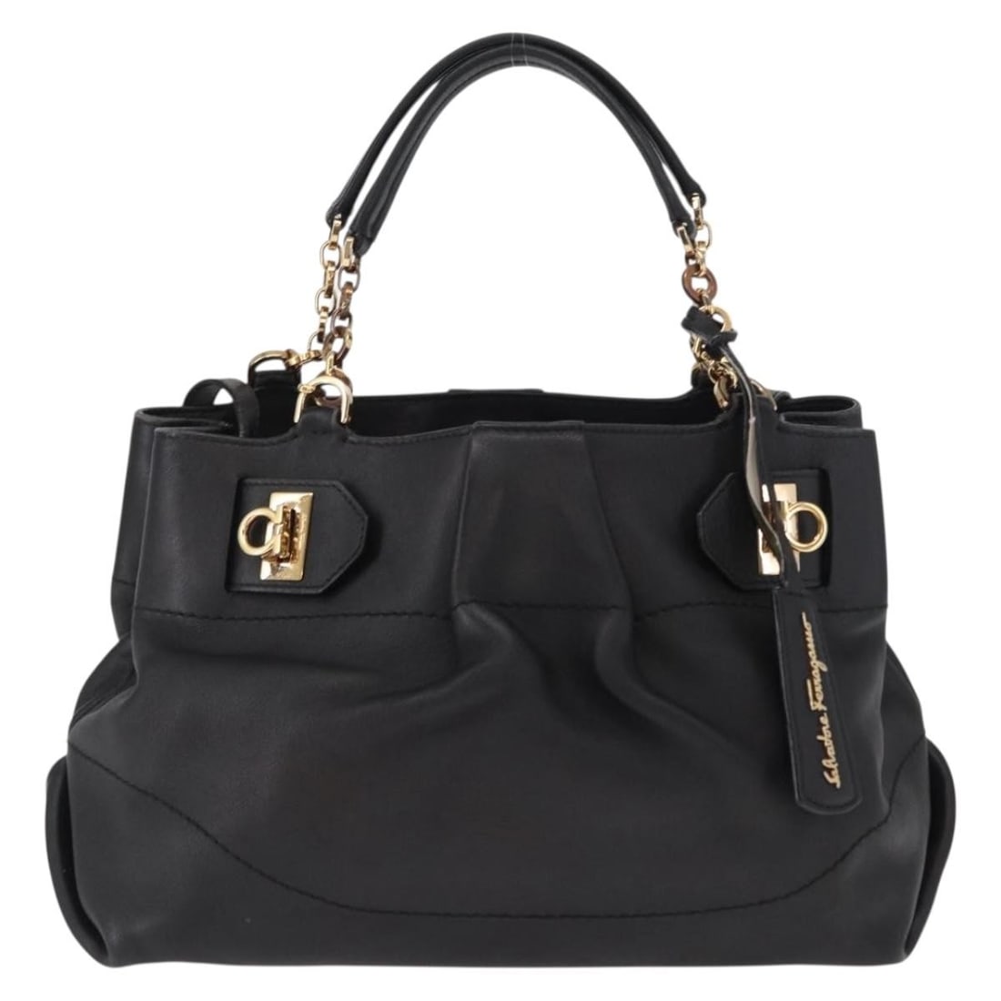 Salvatore Ferragamo Leather W Chain Tote Bag Black: Salvatore Ferragamo Leather W Chain Tote Bag Black This Salvatore Ferragamo W Chain Tote is crafted from black leather and designed for women. The tote features a shoulder strap and metal fittings. Th