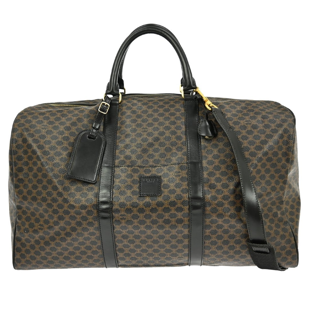 Vintage Celine Macadam Coated Canvas Brown Duffle Bag: Vintage Celine Macadam Coated Canvas Brown Duffle Bag This vintage Celine duffle bag features a macadam coated canvas exterior in brown, designed for unisex use. Crafted from durable PVC with leather