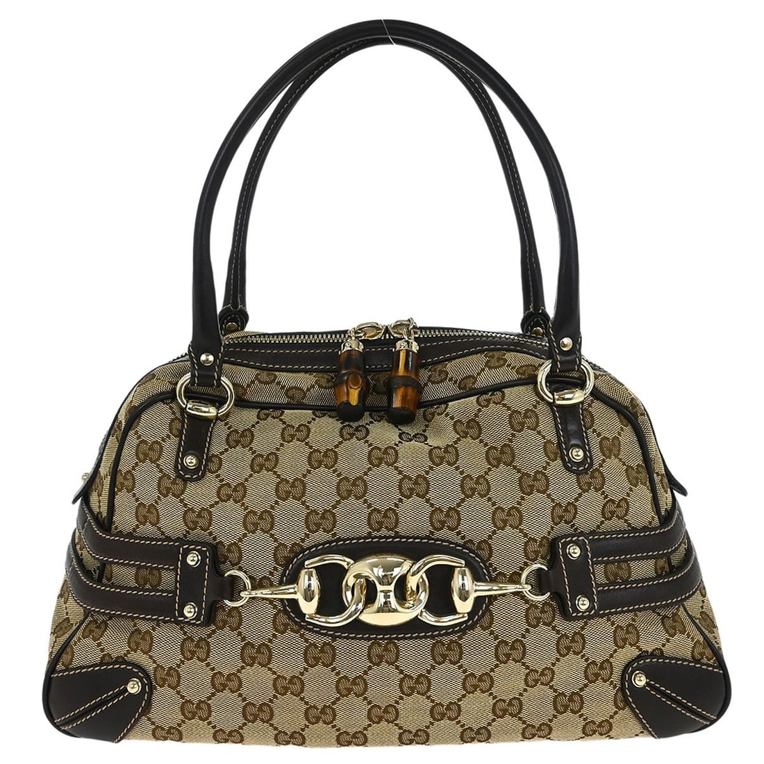 Gucci Brown Bamboo Horsebit Handbag 159398 001013 Vintage Style: Gucci Brown Bamboo Horsebit Handbag 159398 001013 Vintage Style This vintage Gucci handbag showcases a unique combination of canvas and leather, featuring the iconic Gucci GG pattern. The exterior is