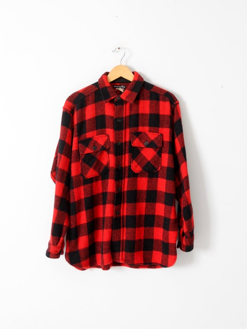 Vintage 1960s Montgomery Ward Wool Flannel Plaid Shirt: Vintage 1960s Montgomery Ward Wool Flannel Plaid Shirt Step back in time with this vintage 1960s Montgomery Ward buffalo plaid shirt, an iconic piece featuring a bold red-and-black pattern made from w