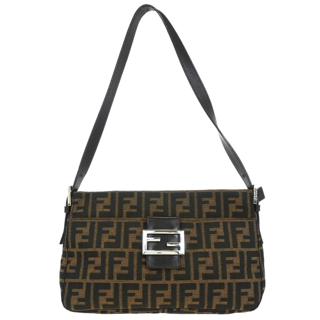 Fendi Brown Zucca Handbag FF Logo Silver Hardware: Fendi Brown Zucca Handbag FF Logo Silver Hardware Elevate your style with this Fendi Brown Zucca Handbag, a perfect blend of functionality and fashion. Made from durable canvas, this medium-sized hand