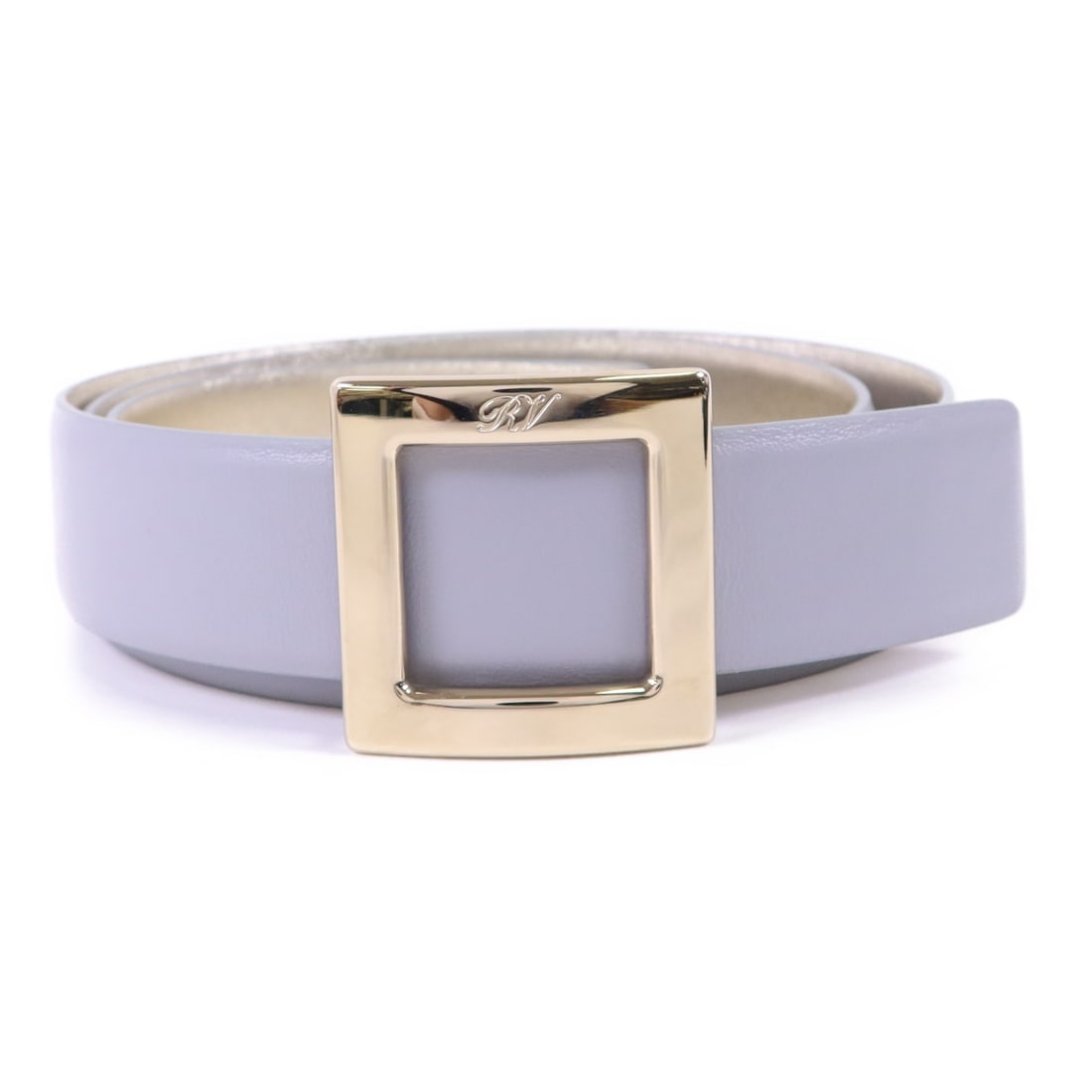 Roger Vivier Grey Calfskin Leather Belt with Gold Hardware: Roger Vivier Grey Calfskin Leather Belt with Gold Hardware This Roger Vivier belt is crafted from calfskin leather in a sophisticated gray color. Featuring gold-tone hardware, it offers a pristine, un