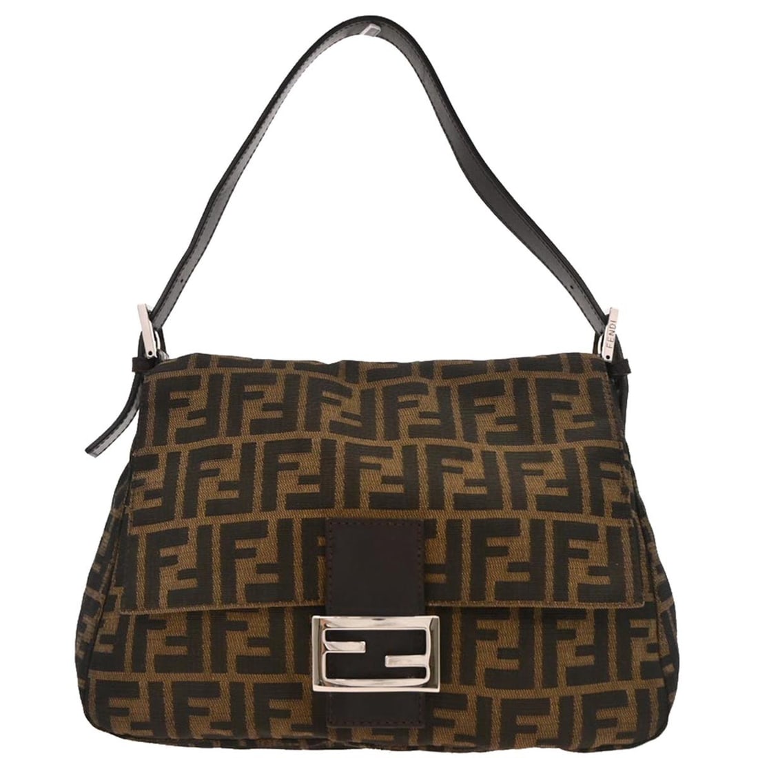 Fendi Brown Canvas Zucca Mamma Baguette Handbag with Silver Hardware: Fendi Brown Canvas Zucca Mamma Baguette Handbag with Silver Hardware This Fendi Mamma Baguette Handbag features a stylish brown canvas exterior adorned with the iconic Fendi Zucca pattern. The medium-