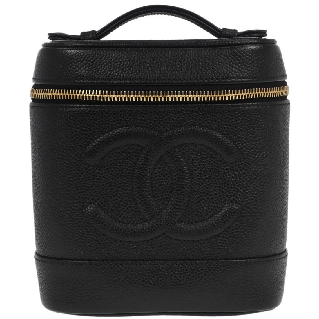 Chanel Timeless Vanity Black Caviar Leather Medium Top Handle Bag: Chanel Timeless Vanity Black Caviar Leather Medium Top Handle Bag This Chanel Timeless Vanity Handbag is crafted from durable black caviar skin leather with a top handle and a zipper closure. The medi