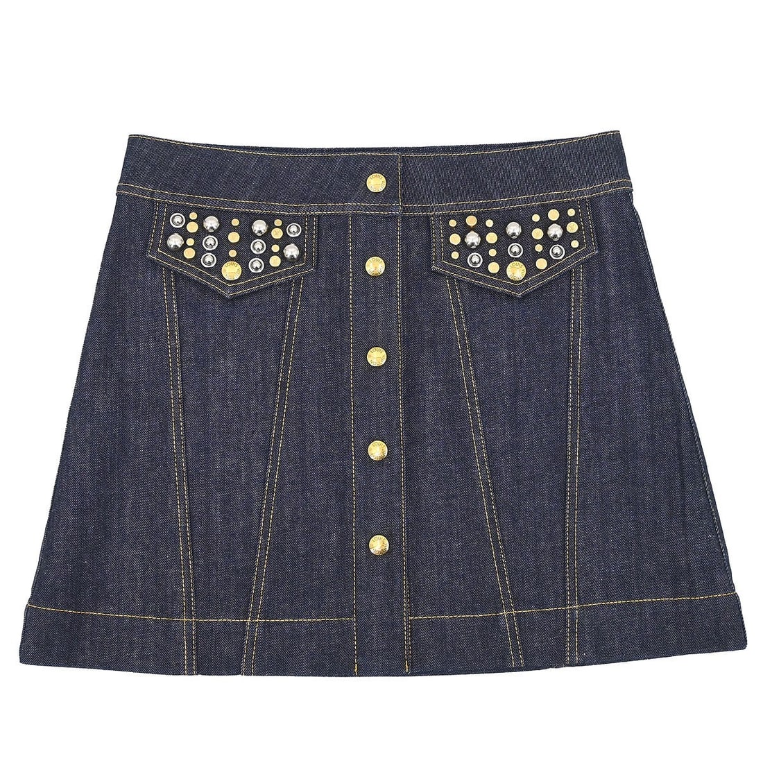 Indigo Short Denim Skirt by Louis Vuitton Size 38: Indigo Short Denim Skirt by Louis Vuitton Size 38 This Louis Vuitton short denim skirt features an indigo color with logo accents and a zip closure. Made in Italy from a blend of 95% cotton and 5% pol