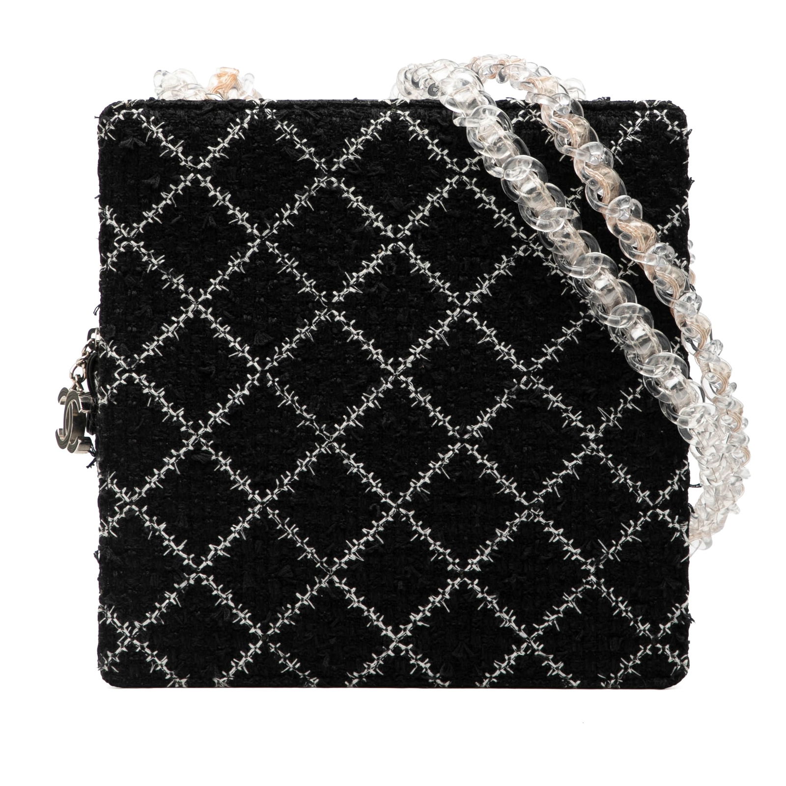 Chanel Tweed Fabric Shoulder Bag with Resin Chain and Top Zip: Chanel Tweed Fabric Shoulder Bag with Resin Chain and Top Zip This Chanel shoulder bag features a tweed body with resin chain shoulder straps, a top zip closure, and an interior zip pocket. The bag is