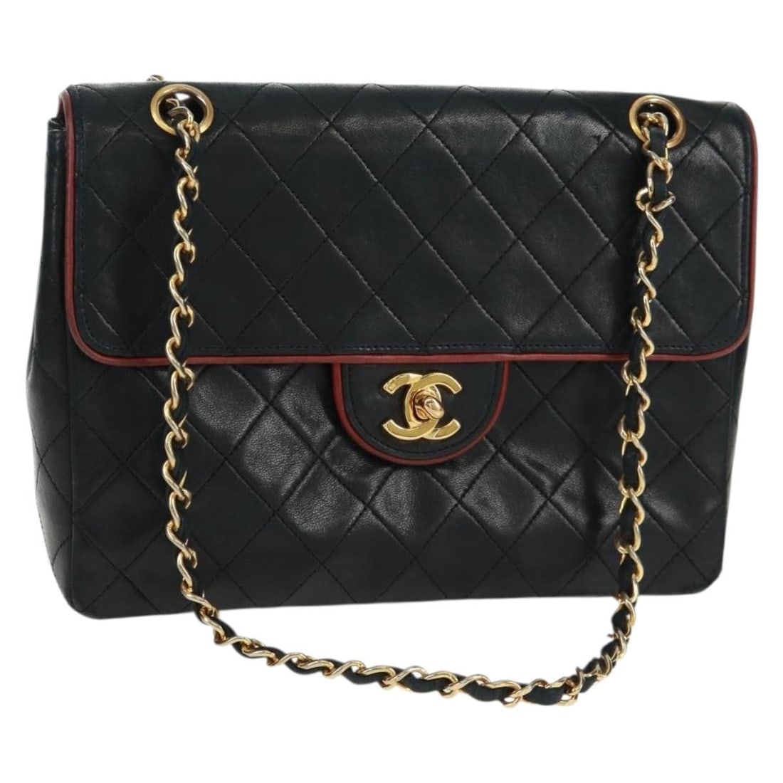 Black Lambskin Chanel Matelasse Shoulder Bag with Gold Chain 157555SAV: Black Lambskin Chanel Matelasse Shoulder Bag with Gold Chain 157555SAV This CHANEL Matelasse shoulder bag features black lambskin leather with gold-tone hardware, combining luxury with elegance. Craft