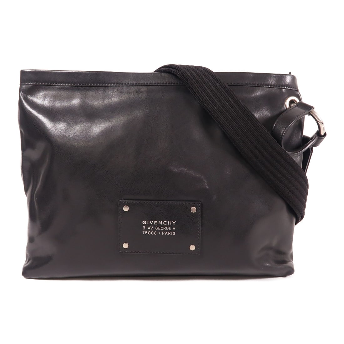 GIVENCHY Black Calfskin Leather Shoulder Bag: GIVENCHY Black Calfskin Leather Shoulder Bag This GIVENCHY shoulder bag is expertly crafted from high-quality calfskin leather in a classic black hue. Designed for both style and functionality, it fea
