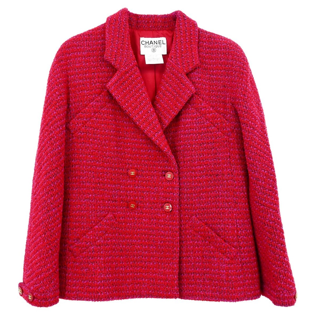 Chanel Vintage Red Double Breasted Jacket 95A Size 38: Chanel Vintage Red Double Breasted Jacket 95A Size 38 This vintage Chanel double-breasted jacket in a striking red hue is perfect for the fall and winter seasons. Crafted from a high-quality blend of