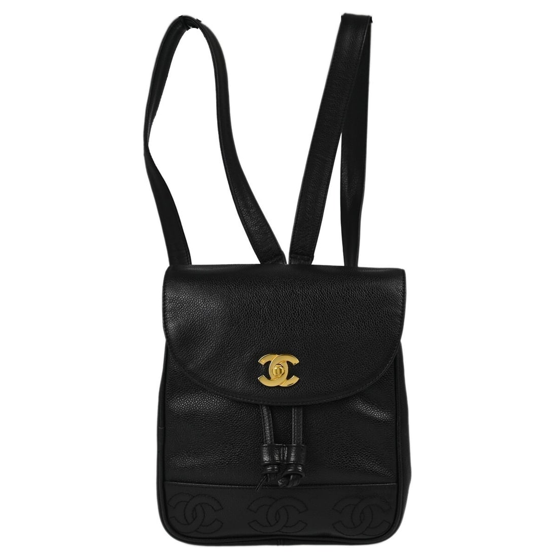 Chanel Black Caviar Skin Triple CC Drawstring Backpack: Chanel Black Caviar Skin Triple CC Drawstring Backpack This Chanel Black Calfskin Triple CC Backpack is a stylish accessory perfect for casual occasions. Crafted from luxurious Caviar Skin Leather, it