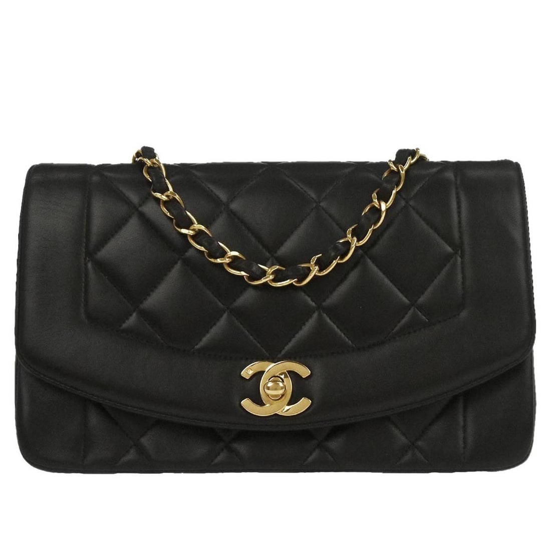 Small Diana Black Lambskin Crossbody Shoulder Bag by Chanel: Small Diana Black Lambskin Crossbody Shoulder Bag by Chanel This Chanel Small Diana shoulder bag features black lambskin leather with a classic matelasse quilted pattern. It has a flap closure with a