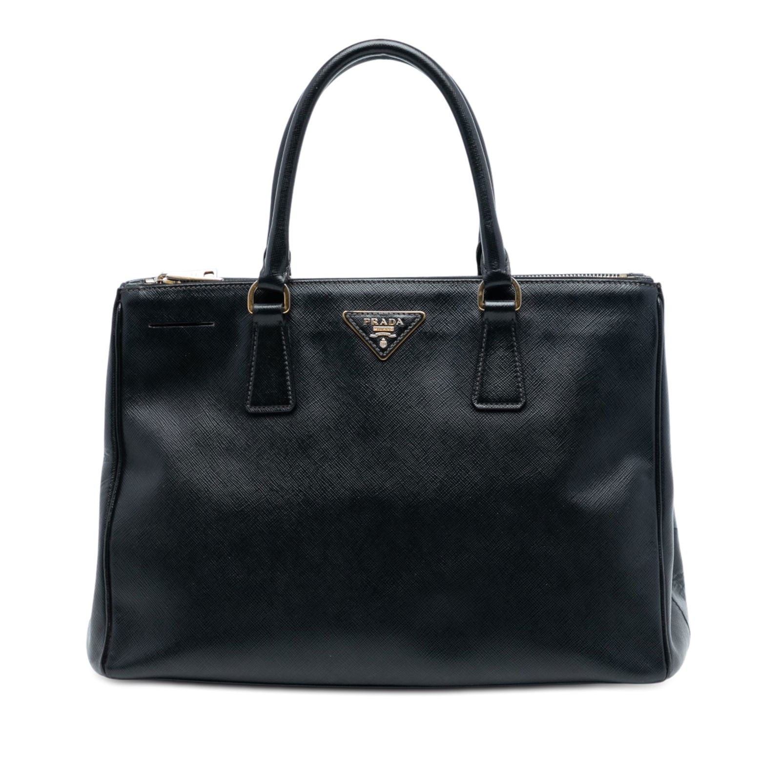 Prada Galleria Saffiano Leather Medium Double Zip Black Satchel Bag: Prada Galleria Saffiano Leather Medium Double Zip Black Satchel Bag This Prada Medium Saffiano Lux Galleria Double Zip Satchel features a black saffiano leather body with rolled leather handles. It