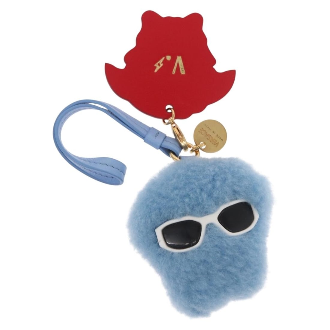 Blue Medusa Shearling Leather Charm by Versace with Dust Bag and Box: Blue Medusa Shearling Leather Charm by Versace with Dust Bag and Box This authentic Versace Medusa Fluffy Shearling Charm features blue leather with a plush shearling accent and Medusa detail.