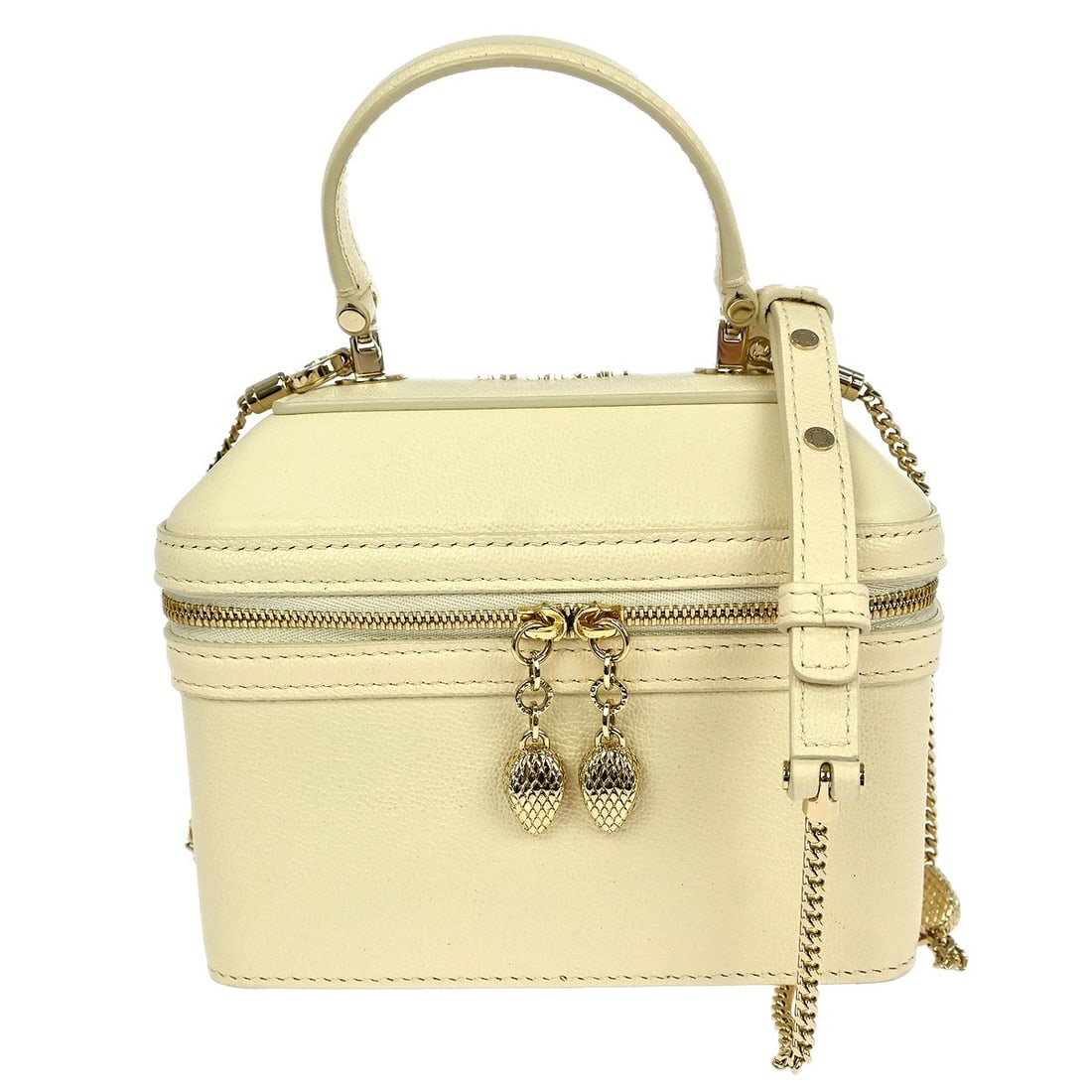 Bvlgari Ivory Leather 2-Way Handbag with Adjustable Strap: Bvlgari Ivory Leather 2-Way Handbag with Adjustable Strap This elegant BVLGARI Ivory 2-Way Handbag is crafted from high-quality leather, featuring a chic logo pattern that embodies the luxury of the