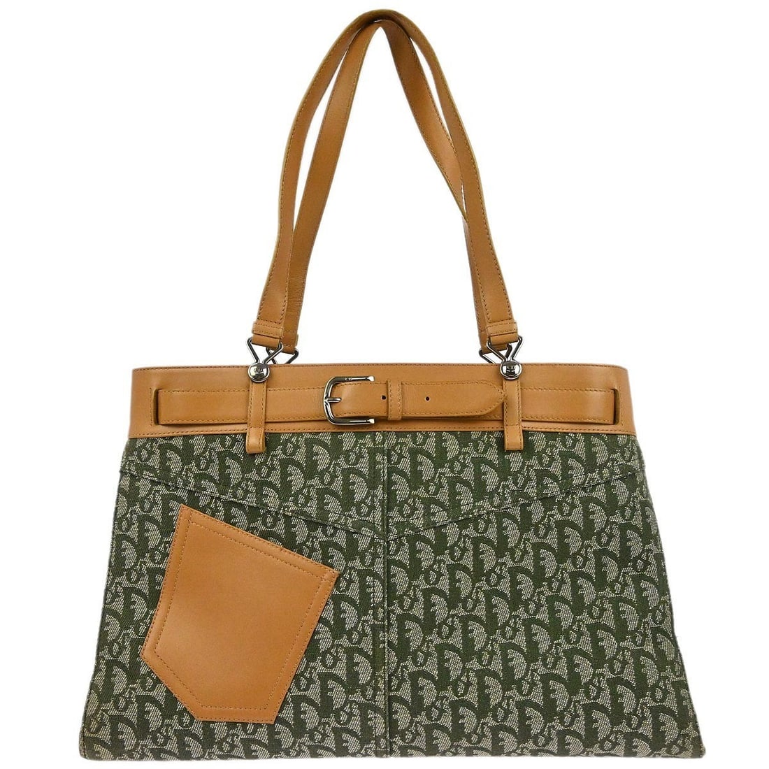 Dior Trotter Green Canvas and Leather Large Tote Bag BM-0091: Dior Trotter Green Canvas and Leather Large Tote Bag BM-0091 This Christian Dior green Trotter tote handbag features the signature Trotter pattern and a logo accent. Designed in a large size, it is cr