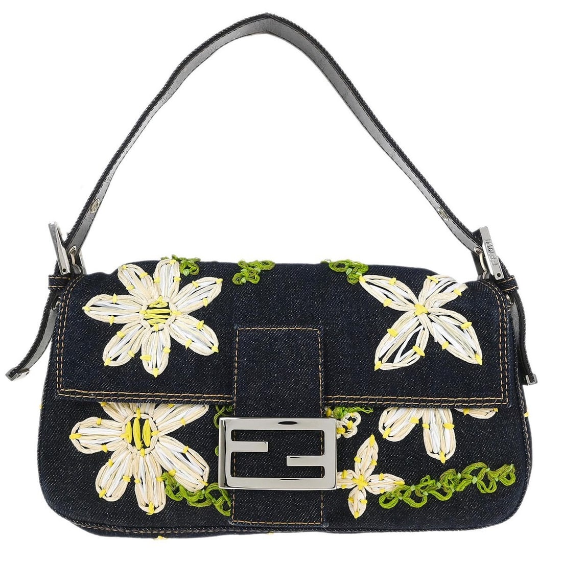 Fendi Navy Denim Flower Embroidered Baguette Handbag with Adjustable Strap: Fendi Navy Denim Flower Embroidered Baguette Handbag with Adjustable Strap This stylish Fendi Baguette handbag is crafted from durable navy denim, featuring elegant flower embroidery that adds a touch