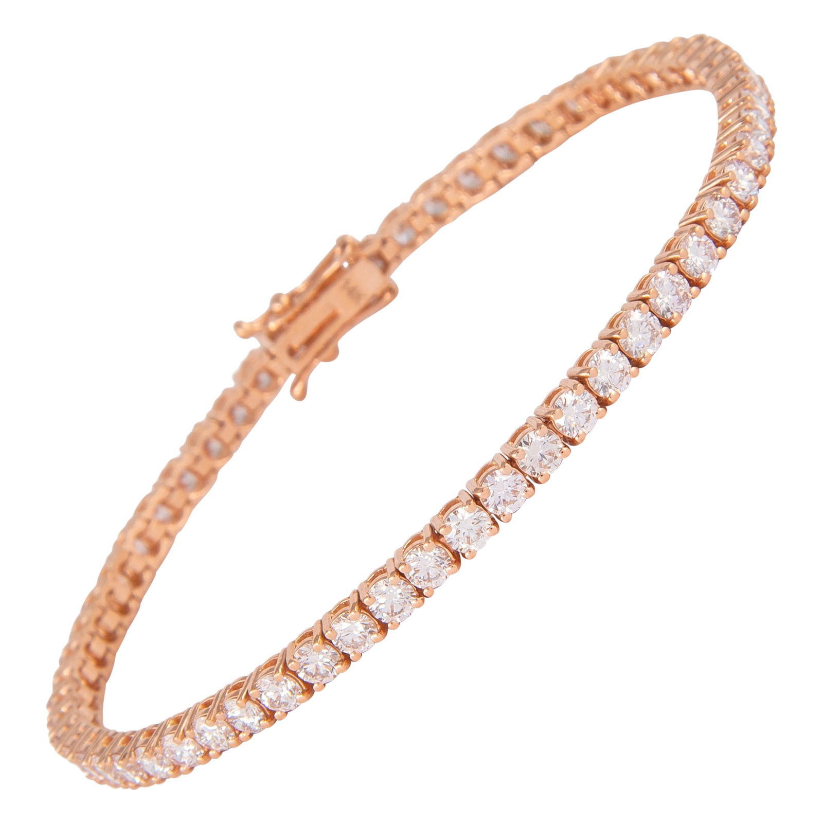 4.98ct Diamond Tennis Bracelet in 14k Rose Gold: 4.98ct Diamond Tennis Bracelet in 14k Rose Gold This exquisite diamond tennis bracelet features a stunning total weight of 4.98 carats, crafted in luxurious 14k rose gold. The bracelet is adorned with