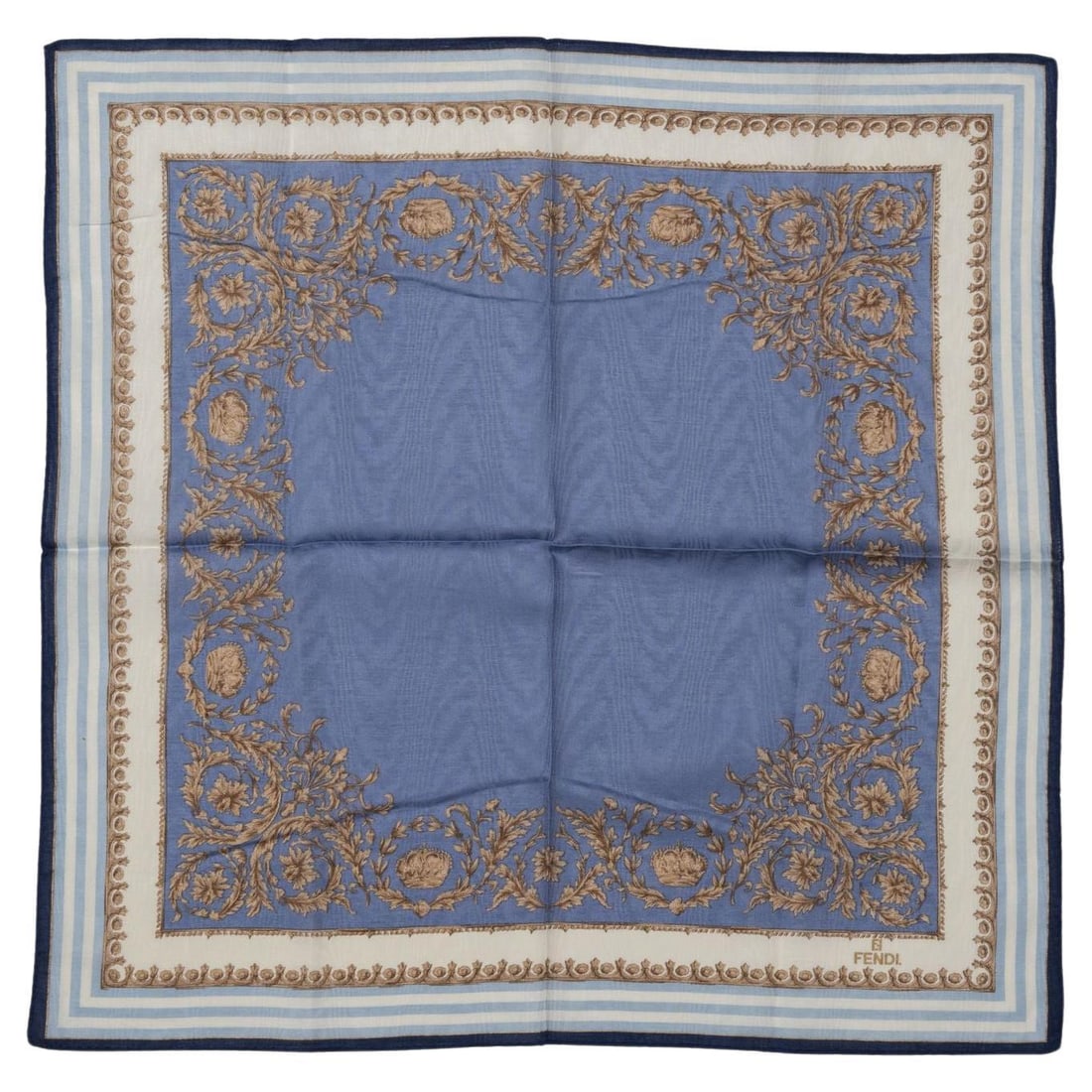Fendi Blue and White Baroque Cotton Gavroche 19x19: Fendi Blue and White Baroque Cotton Gavroche 19x19 This stunning Fendi Gavroche showcases a unique blue and white design adorned with luxurious gold baroque patterns. Crafted from high-quality cotton,