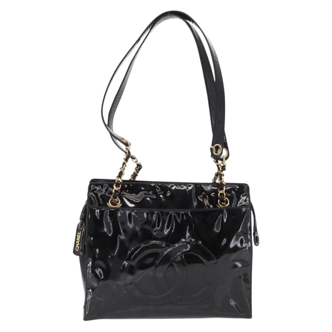 Black Patent Leather Chanel Vintage Timeless Shoulder Bag 31cm: Black Patent Leather Chanel Vintage Timeless Shoulder Bag 31cm This Chanel Vintage Timeless Chain Shoulder Bag features black patent leather with a classic chain shoulder strap. The bag shows signs of