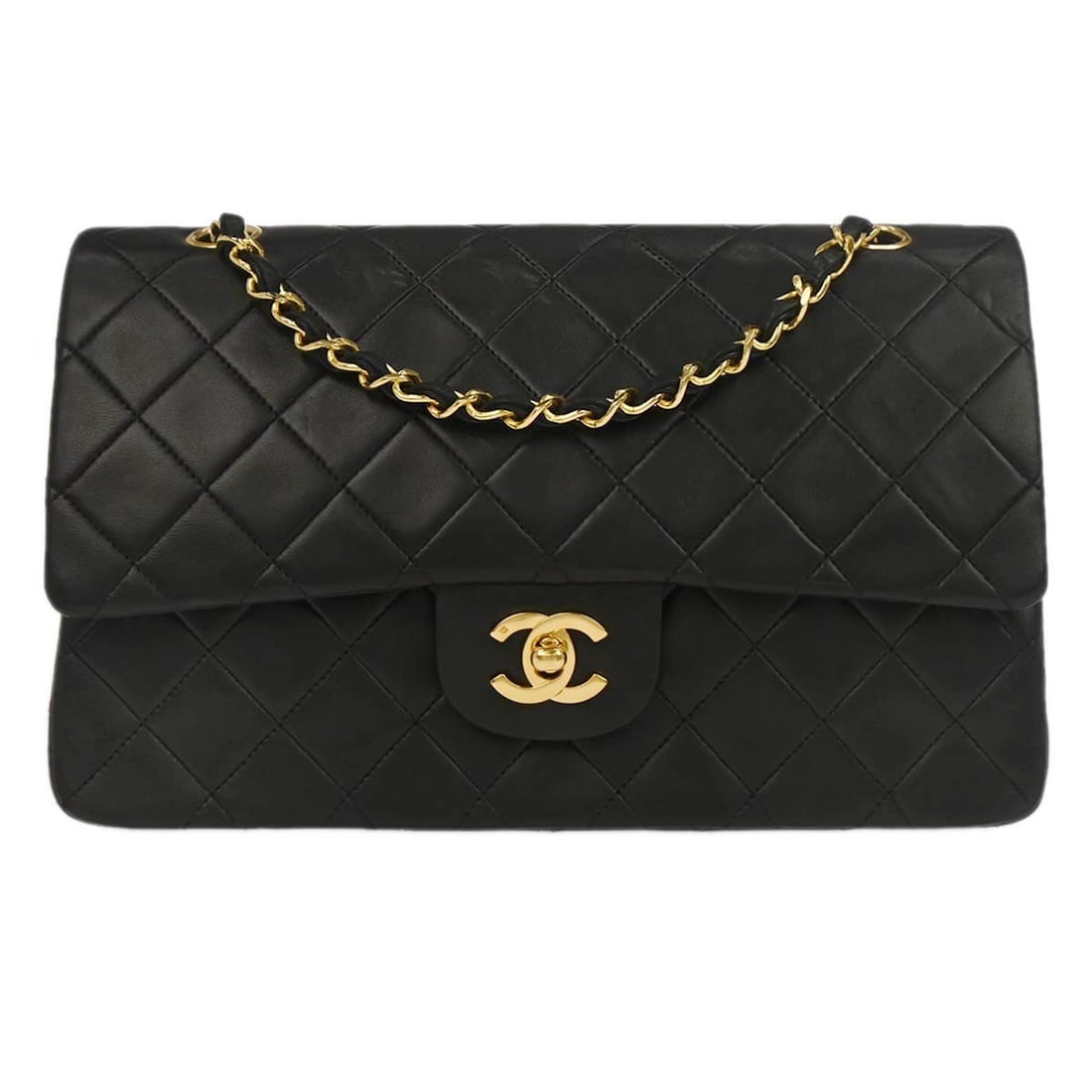 Medium Classic Double Flap Shoulder Bag Black Lambskin by Chanel: Medium Classic Double Flap Shoulder Bag Black Lambskin by Chanel This Chanel Classic Double Flap Shoulder Bag is crafted from black lambskin leather, featuring a medium size with a turn lock closure.