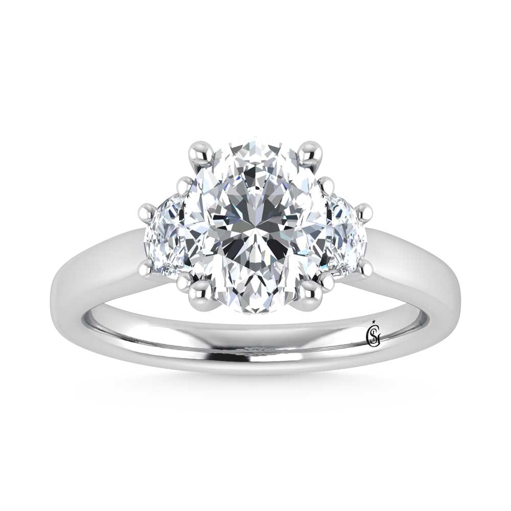 14K White Gold Lab Grown Diamond 3 1/2 Ct.Tw. Oval Shape Engagement Ring: 14K White Gold Lab Grown Diamond 3 1/2 Ct.Tw. Oval Shape Engagement Ring This stunning three-stone ring features a sparkling 3 CT Oval Center diamond with two shimmering side diamonds, symbolizing pas