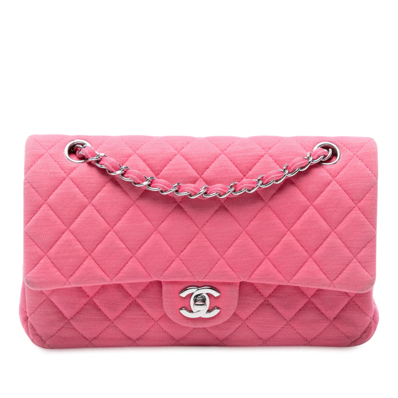 Chanel Medium Classic Jersey Double Flap Pink Shoulder Bag: Chanel Medium Classic Jersey Double Flap Pink Shoulder Bag This Chanel Medium Classic Jersey Double Flap shoulder bag showcases a stylish quilted jersey body in a lovely pink hue. It features cotton-w
