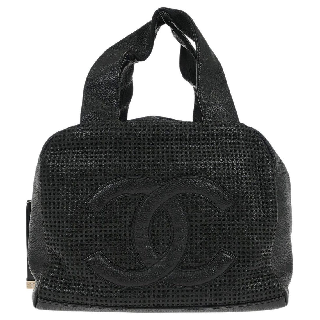 Small CHANEL Caviar Leather Top Handle Bag with Double Handles: Small CHANEL Caviar Leather Top Handle Bag with Double Handles This Chanel black calfskin handbag features a caviar skin leather exterior and double handles, offering a small and stylish top handle de